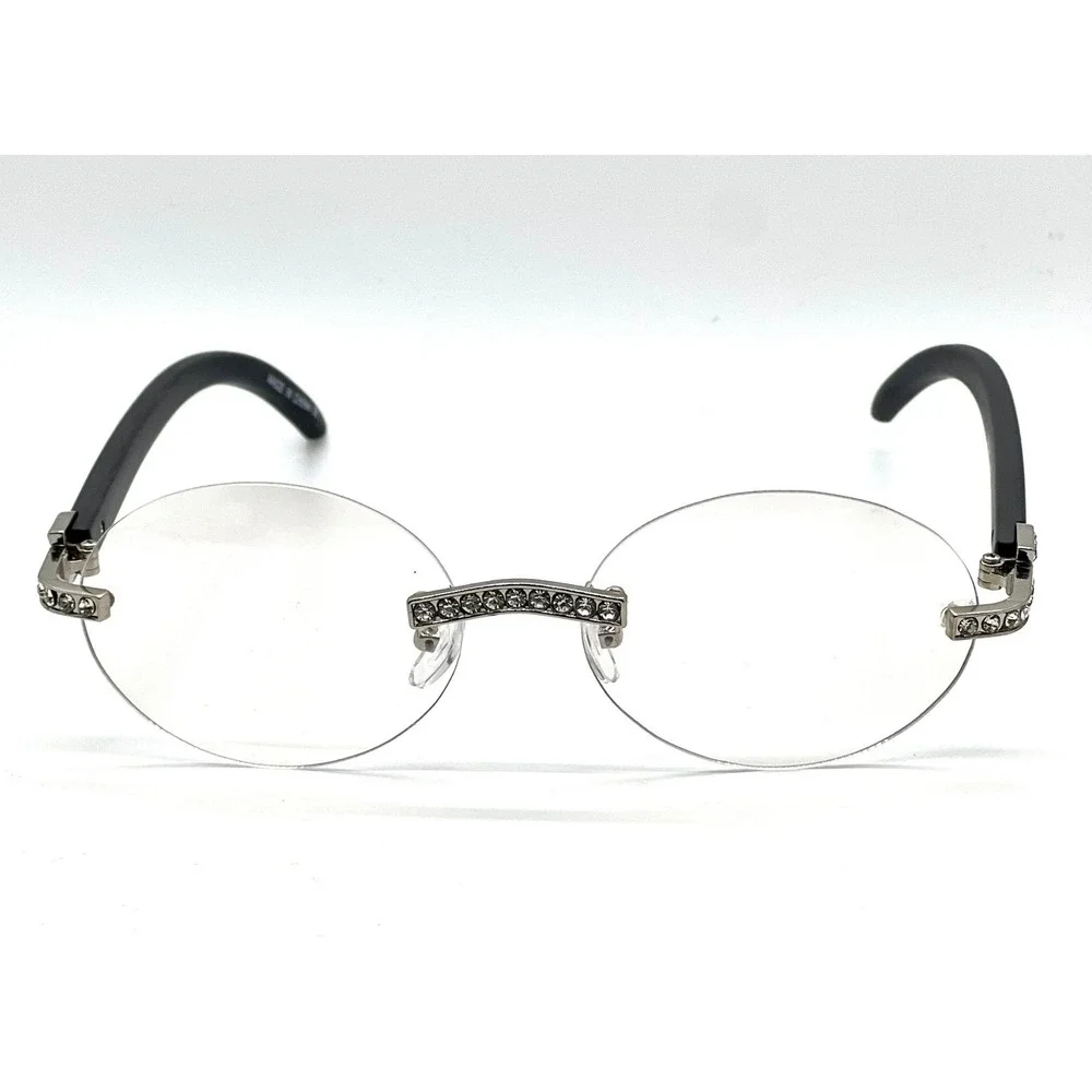 Rimless Sunglasses Rhinestone Silver Clear Lens Wood Grain Arm Men‎ Street Wear